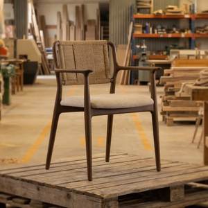 Nordic Teak Arm <b>Chair</b> with Woven Backrest Modern Upholstered <b>Dining</b> <b>Chair</b> for Luxury Contemporary Interior - Product Image 5