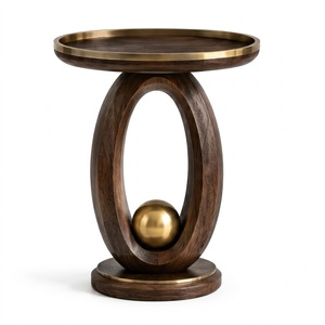 Mango Wood <b>Walnut</b> Finish Round TOP Spiral Design Metal Base Brass Finish with Round Wooden Ball Side <b>Table</b> For Home Living Decor - Product Image 3