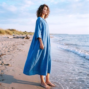 Robe midi ample à col en V, manches 3/4, poches latérales, décontractée, printemps-été, grande taille, 100% coton, tendance - Product Image 2
