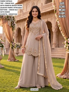 Conjunto de palazzo largo de seda Simar morada con bordado y pedrería, estilo tradicional para boda, corte holgado para mujer - Product Image 4