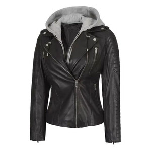 Custom Real Lambskin Leather <b>Jacket</b> for Women with Removable Hoodie Asymmetrical Slim Fit Black Biker <b>Jacket</b> - Product Image 1