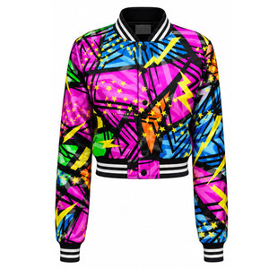 Geometric Print Varsity Jacket <b>Women's</b> Short Crop Bomber <b>Coat</b> Full Sleeve Turn-down Collar Polyester <b>Spring</b> Style - Product Image 2