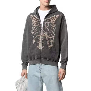 Sudadera con capucha y cremallera de forro polar bordada con diseño de esqueleto, estilo vintage, lavado ácido y desgastado, 100% algodón, ecológica, para hombre, moda urbana - Product Image 4