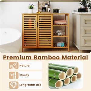 Natural Bamboo 39.5"x14"x31.5" Bathroom Cabinet with Enclosed Cabinet and Open Shelves Ample <b>Storage</b> for <b>Toiletries</b> and Towels - Product Image 5