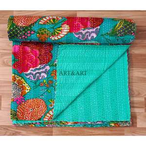 Colcha Kantha Étnica Vintage Hecha a Mano en Rajastán, India, Colcha Kantha de Algodón Cosida a Mano, Colcha de Retazos para Hotel - Product Image 4