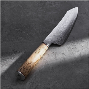 Couteaux Santoku beige-brun avec manche, lame à motif ondulé argenté et anneau d'accentuation rouge pour couper les légumes, hacher et préparer les aliments - Product Image 3