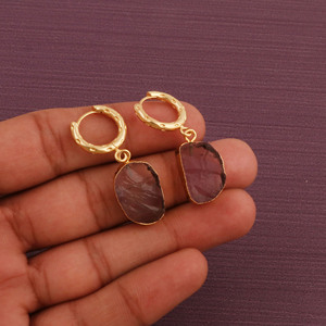 Natural Amethyst Rough Hoop Earrings - Gold Plated <b>Raw</b> <b>Crystal</b> Boho Dangle Handmade Statement Jewelry For Women's - Product Image 3