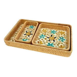 Bandeja de servir de ratán con diseño de flor amarilla y nácar, fabricada en Vietnam, a la moda, para exhibición de alimentos, venta al por mayor. - Product Image 1