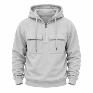Sudadera con capucha y cremallera de un cuarto para hombre, con estampado, bolsillos en el pecho, manga raglán, forro polar, estilo casual, color liso, para invierno - Product Image 3
