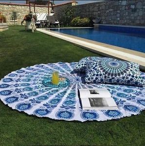 Tapisserie murale ronde Ombre Hippie Mandala Bohème Indienne, Nappe 70 pouces 178cm Bleu sur Blanc - Product Image 4