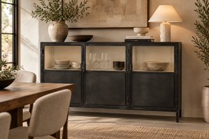 Industrial Metal <b>Sideboard</b> Cabinet with Glass Doors Black 3 Door Storage Credenza for Dining Room - Product Image 2
