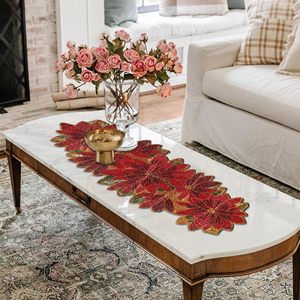 Embroidered Floral <b>Table</b> <b>Runner</b> Red Gold Traditional Home Decor Washable Polyester - Product Image 5
