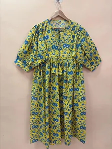 Women's <b>Loose</b> Fit Yellow Floral Print Cotton Midi <b>Dress</b> Tie-Neck Short Sleeve Casual Summer <b>Dress</b> Breathable Short <b>Dress</b> - Product Image 1
