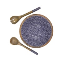 Bol à salade en bois de haute qualité avec ustensiles assortis, bol de service rond de 12 pouces avec impression émail bleu pour la cuisine et la décoration de fête