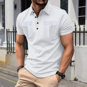 Chemise à manches courtes blanche pour homme, couleur unie, décontractée, en polyester/coton, tissu tricoté de haute qualité, deux poches poitrine, col rond - Product Image 4