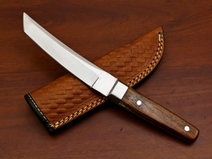 Cuchillo de caza hecho a mano D2 personalizado con hoja Tanto de madera de palisandro de espiga completa y mango de madera, con filo biselado. - Product Image 2