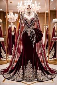 Elegant Burgundy Banana Crape Embroidered Traditional Wedding Fergani Gown <b>Cape</b> Floor-Length Regular Fit for <b>Women</b> Stylish Sun - Product Image 2