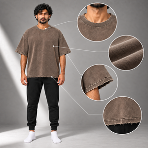 เสื้อยืดคอตตอน 100% ทรงโอเวอร์ไซส์ ซักพิเศษ เนื้อผ้าหนา  รักษ์โลก  ตกแต่งแบบดิสเทรส  ไหล่ตก  ทรงบ็อกซี่  คอกลม สำหรับผู้ชาย - Product Image 6