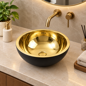 Lavabo de salle de bain rond à poser, noir mat et laiton doré, double ton, pour hôtels et villas - Product Image 3