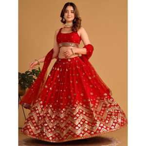 Belle paillettes rouges Georgette fiançailles porter Lehenga Choli - Product Image 6
