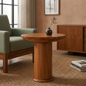 Table basse ronde en teck avec plateau en bois et pieds sur piédestal, finition naturelle, pour salon, appartement, hôtel, modèle TAB47 - Product Image 5