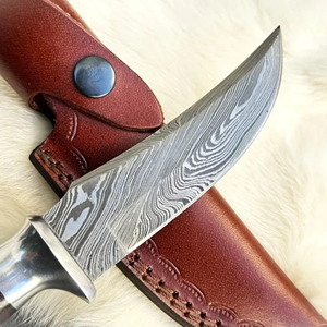 Cuchillo Bowie de caza y camping de hoja fija de Damasco de grado industrial personalizado, OEM, con punta de gota, para uso exterior, mango de asta de ciervo - Product Image 2