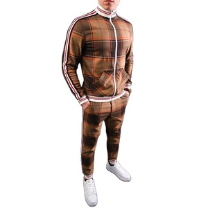 Urban Men's Check Print Sublimated Bomber <b>Jacket</b> Track Suit With Zip Enclosure Ribbed Hem & Cuffs Side Stripe Zipper Sweat Suit - Product Image 1