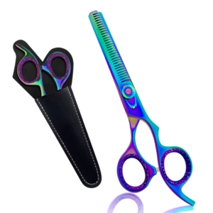 Ciseaux de coiffure professionnels en titane arc-en-ciel Harbor Industry, ciseaux à effiler, ciseaux de salon de coiffure avec étui en cuir - Product Image 1