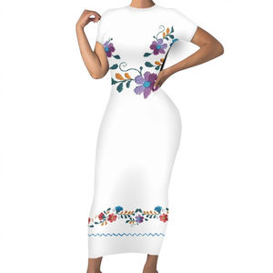 Vestido Ajustado de Manga Corta con Estampado Completo Personalizado, Diseño de Bordado Mexicano, Ropa de Arte Folclórico - Product Image 1