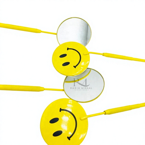 Miroir à cils noir en forme de cercle avec logo Happy et poignée diamantée jaune thermolaquée, emballage en boîte noire - Product Image 1