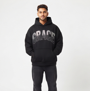 Men's Loose Fit Oversized Boxy Hoodie 100% Polyester Fleece Heavy Weight Embroidered Rhinestone Eco-Friendly Winter Streetwear - Product Image 1
