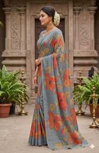 Sari traditionnel GACHI TASSAR en soie avec imprimé numérique floral pour femmes, tenue de mariage Inde Pakistan, coupe classique, longueur au sol - Product Image 2