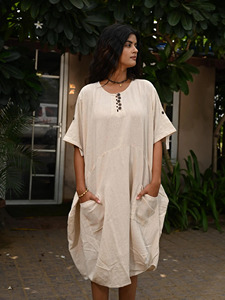 Pure Linen Beige <b>Kaftan</b> Midi Dress with Pockets Casual <b>Summer</b> Lounge Wear for Women Casual Outings Versatile Dress - Product Image 3