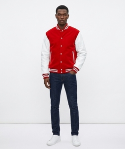 Veste universitaire rouge et blanche pour homme, manches en cuir, fermeture à boutons, coupe classique, col rabattu, doublure en polaire, vêtement d'hiver - Product Image 2