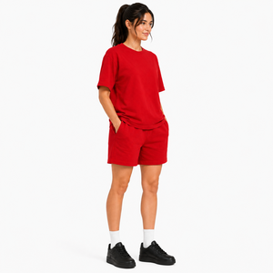 Custom Women Oversized T Shirt and Shorts <b>Set</b> Heavyweight Cotton Crew Neck Tee Elastic Waist Short <b>Set</b> Solid Color Tracksuit - Product Image 3