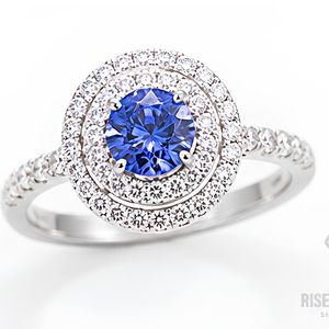 Anillo de compromiso de oro blanco de 18 quilates con diamante azul redondo de fantasía y doble halo, banda pavé de lujo atemporal para aniversario. - Product Image 1