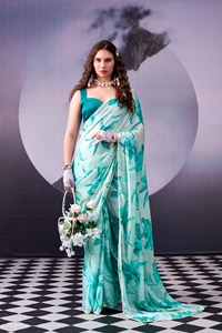 Magnifique sari indien en soie satinée avec imprimé floral, idéal pour les fêtes et les occasions spéciales, vêtements élégants pour femmes - Product Image 2