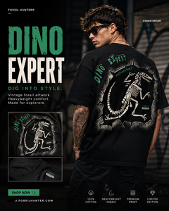 T-shirt Dino Expert pour homme, coupe oversize, imprimé squelette de dinosaure vintage, noir, 100% coton, coupe classique sur le devant - Product Image 3