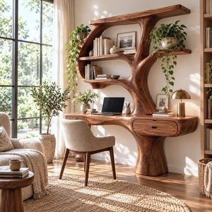 Escritorio de Madera Natural Sólida Hecho a Mano, Estilo Contemporáneo, Montado en la Pared, con Estantes en Forma de Árbol y Cajón para Oficina en Casa - Product Image 6