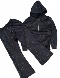 Unisex Black Polka Dot Tracksuit Hooded <b>Zipper</b> <b>Sweatshirt</b> Full Sleeve Joggers Casual Autumn Wear 100% Cotton Regular Fit - Product Image 1