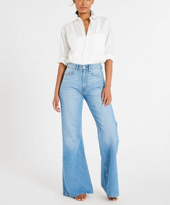 Vaqueros acampanados de cintura alta para mujer, estilo europeo-americano, pantalones de mezclilla casuales de color liso, de pierna ancha, efecto adelgazante, largos, con parte inferior acampanada, para primavera y otoño. - Product Image 1