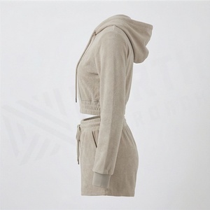 Conjunto de 2 Piezas para Mujer, Sudadera con Capucha y Cierre y Pantalones Cortos, Color Sólido, Informal, Tejido de Algodón, por Encima de la Rodilla - Product Image 3