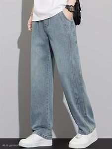 Jean en denim décontracté pour homme, 100% coton, vintage, taille mi-haute, coupe ample, à boutons, bleu délavé clair, jambe large - Product Image 5