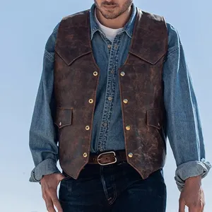 <b>Men</b>’s Fashion Vintage Distressed Brown Leather Biker Vest Western Cowboy Motorcycle Waistcoat Wholesale Manufacturer - Product Image 4