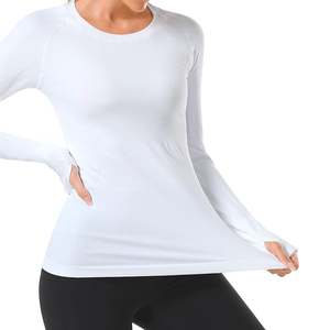 Camiseta de Yoga de Manga Larga Blanca para Mujer, Cuello Redondo, Color Sólido, Transpirable, Ropa Deportiva, Corte Regular, Manga Completa - Product Image 5