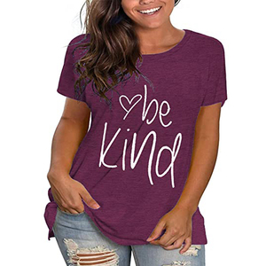 T-shirt à manches courtes pour femme, col rond, violet, coupe ample, style décontracté, imprimé Be Kind, tissu jersey 100% coton, à porter toute l'année - Product Image 6