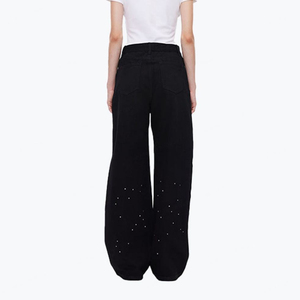 Pantalones Vaqueros Negros Personalizados para Mujer, Estilo Fiesta, Decorados con Pedrería, Lavado Vintage, Corte Holgado y Recto, de Algodón - Product Image 3