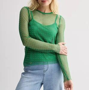 Camiseta de malla de manga larga con cuello redondo para mujer, colores personalizables, transpirable, transparente, ajuste sexy, camisetas de malla de red. - Product Image 1