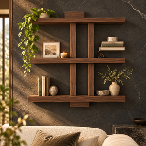 Étagère murale en bois contemporaine à trois niveaux avec grain naturel et design linéaire |   Étagère murale gain de place pour la maison - Product Image 3