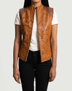 Gilet moto en cuir véritable pour femme avec détails rivetés aux épaules, col montant, fermeture éclair, couleur unie, style motard - Product Image 1